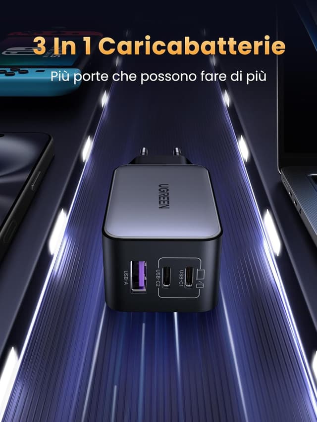 Detalle 2 de UGREEN Nexode 65W caricabatterie USB-C 3 porte ⚡