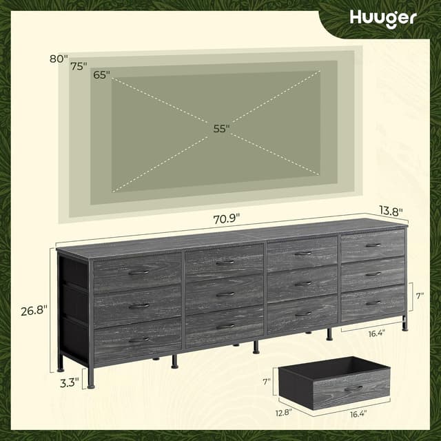 Detalle de Huuger 70 Inch Dresser with 12 Fabric Drawers (Charcoal Black Wood Grain) — TV Stand for Up to 80 Inch Screens