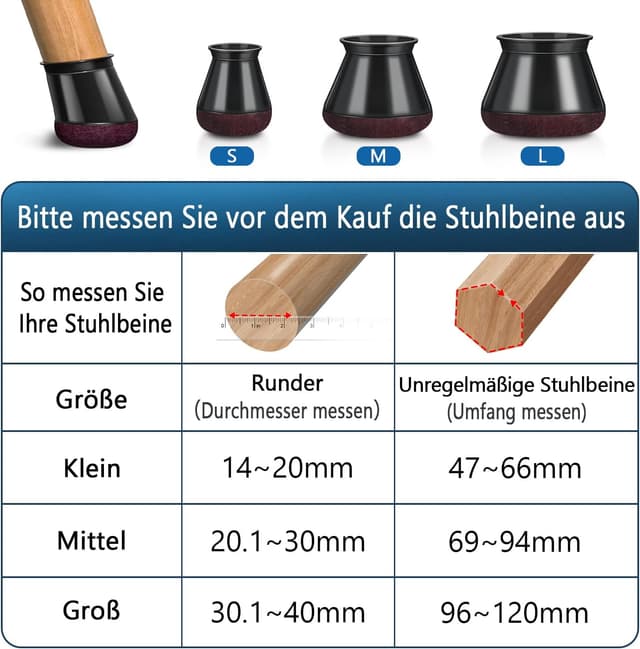 Detalle 2 de Stuhlbeinkappen Schwarz Klein – 16 Silikon-Filzgleiter für runde Beine (14–20 mm)