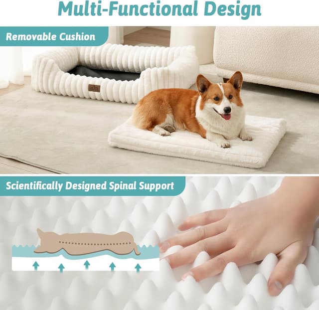 Detalle de COZY KISS Orthopedic Medium Dog Bed (30x23x7 inch) – cream faux-fur sofa with raised edges