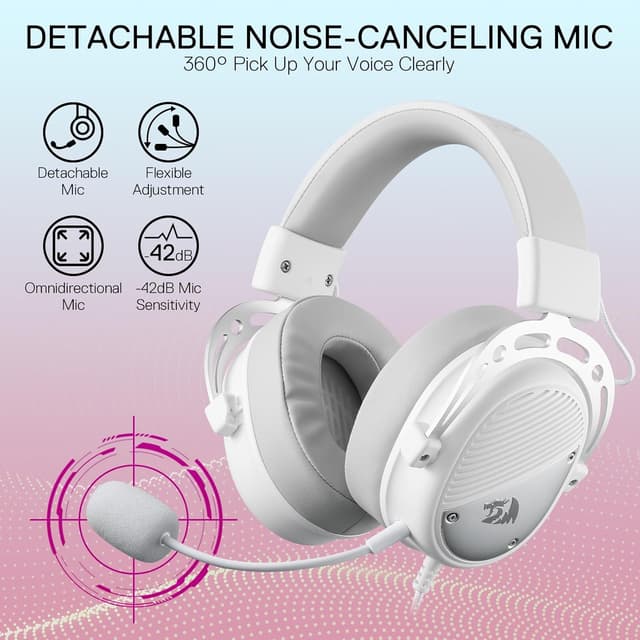 Detalle de Redragon H730 USB Wired Gaming Headset (53mm drivers) with 360° Spatial Sound and detachable mic – White
