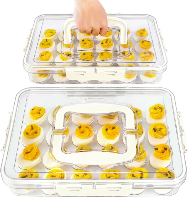 Detalle de MesRosa 2-Pack Deviled Egg Containers with Lid and Handle (Holds 48 Eggs) — Stackable Clear Plastic Carrier, White