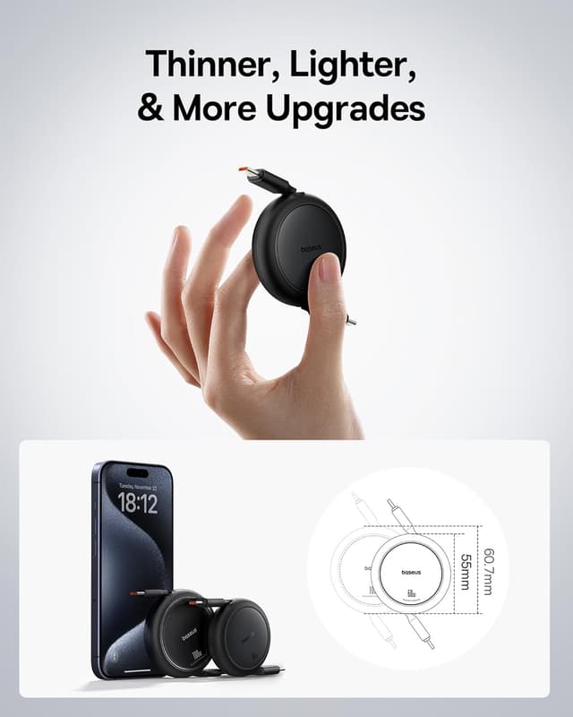 Detalle 2 de Baseus cavo USB‑C a USB‑C arrotolabile 60 W retrattile da 1 m (per iPhone 16/15/14 Pro, Galaxy S e MacBook/iPad Pro)