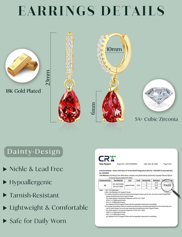 Detalle 2 de ZNBOH Ohrringe Gold Hängend für Damen mit 18K vergoldetem Kupfer und Zirkonia – Geburtsstein-Design