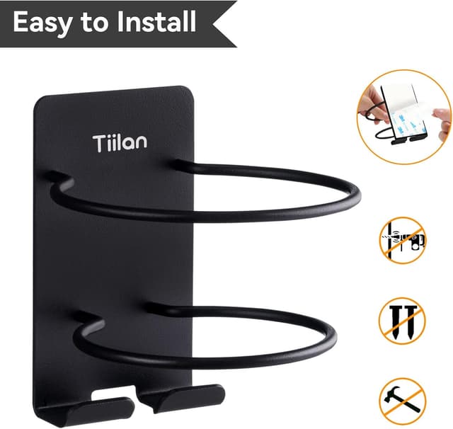Detalle 1 de Tiilan Wall-Mount Hair Dryer Holder (SUS 304 Stainless Steel, Self-Adhesive) – Black