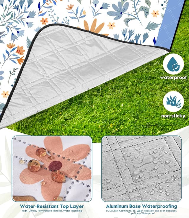 Detalle de DEWUR Picknickdecke wasserdicht und waschbar – Stranddecke XXL 200 x 200 cm mit sandabweisender Oberfläche