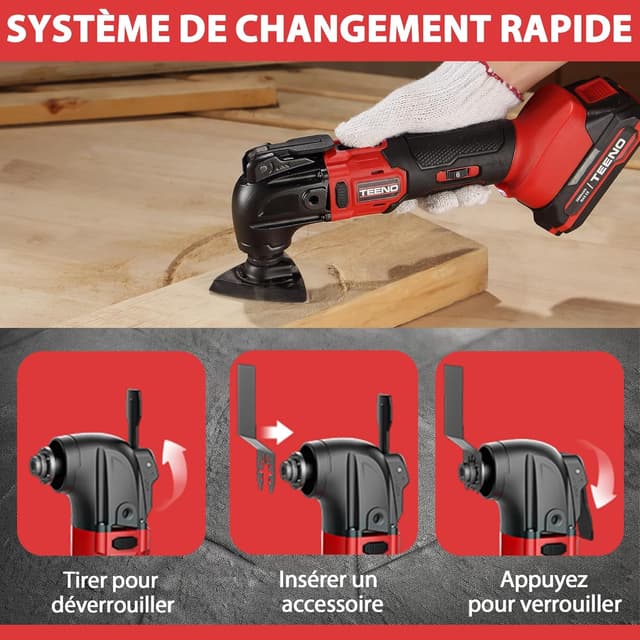Detalle de TEENO utensile multifunzione oscillante senza fili 20V, brushless, 6 velocità 8500–21000 giri/min, 25 accessori
