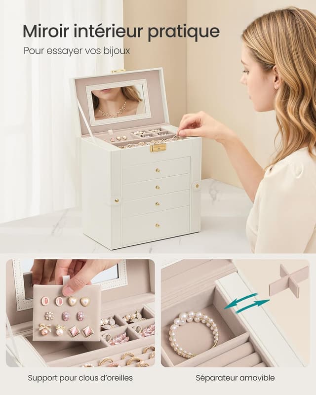 Detalle de SONGMICS Boîte à bijoux 5 niveaux avec 4 tiroirs, miroir intérieur et serrure JBC153WD03