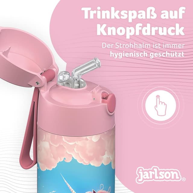 Detalle 2 de Jarlson® Kinder-Trinkflasche Charli aus Edelstahl (500 ml) mit Strohhalm – auslaufsicher, BPA-frei