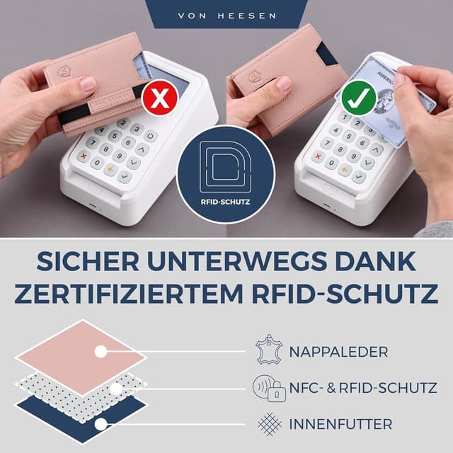 Detalle de VON HEESEN Slim Wallet mit Münzfach & RFID-Schutz – Leder-Geldbeutel im Kartenformat