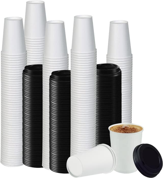 Detalle de Smygoods Disposable White Paper Coffee Cups with Lids (16 oz) — Pack of 100