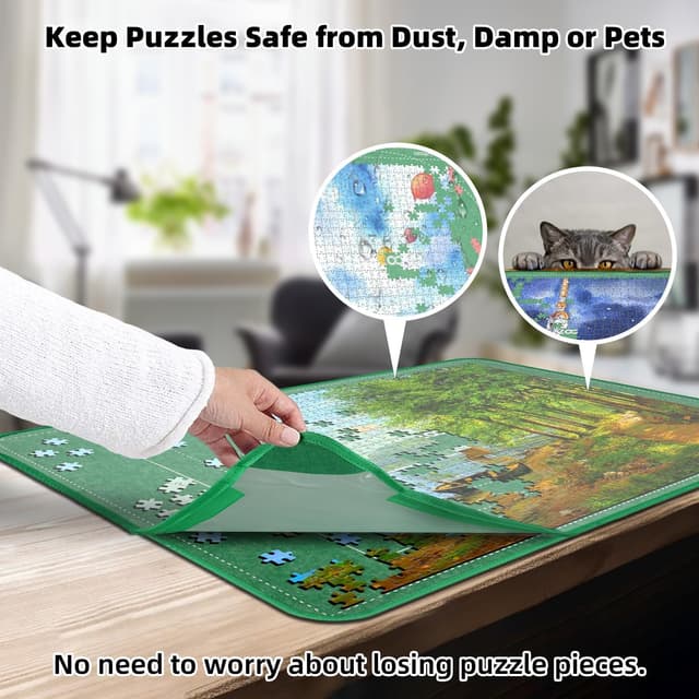 Detalle de MOZOOSON faltbares Puzzlebrett für bis zu 1500 Teile – Tragbare Puzzlematte mit Staubschutz & 8 Sortierern
