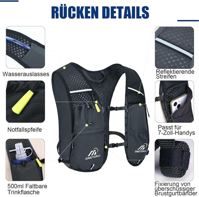 Detalle 2 de ONETOALL Laufweste Damen mit 500-ml-Trinkflasche & 2-L-Trinkblase (150 g) – reflektierend für Laufen, Trail, Bike