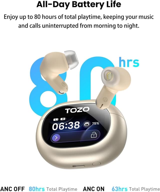 Detalle 2 de TOZO NC20 Pro Active Noise Cancelling Wireless Earbuds (LDAC, Smart Touch Screen Case, 6 Mics)