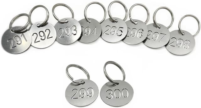 Detalle de NanTun numbered key tags 1–10 (25mm) in 304 stainless steel with split rings