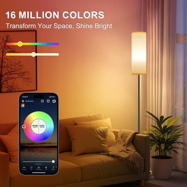 Detalle 2 de Frideko Floor Lamp with RGB Smart LED Bulb, Remote, Foot Switch & Timer (Beige shade)