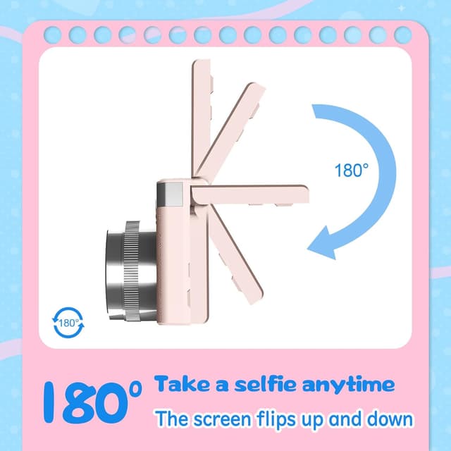Detalle de Appareil photo enfant rose avec écran inversable 180° et carte mémoire 32GB – enregistrement HD 1080P