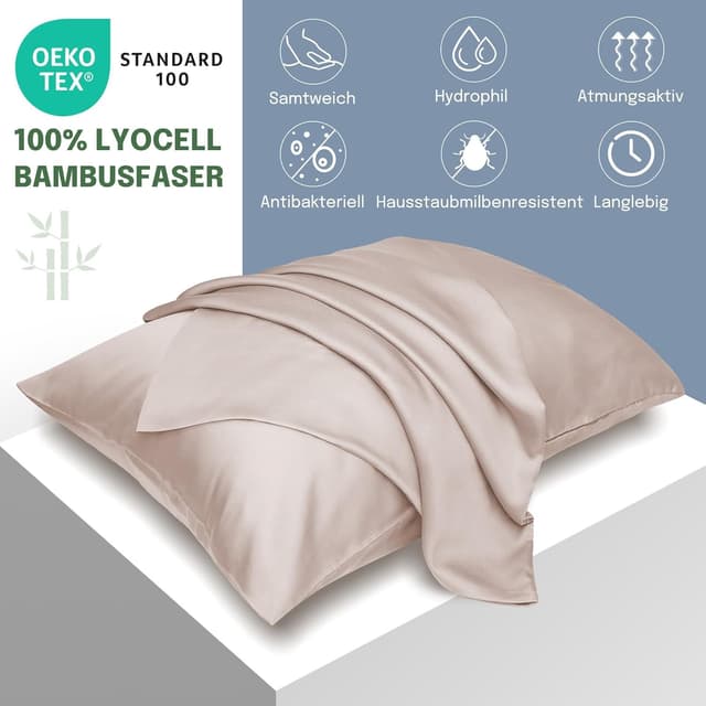 Detalle 2 de Fittia 2er-Set Lyocell-Bambus Kissenbezüge Rosebeige (50x75 cm) – seidig weich, kühlend & atmungsaktiv