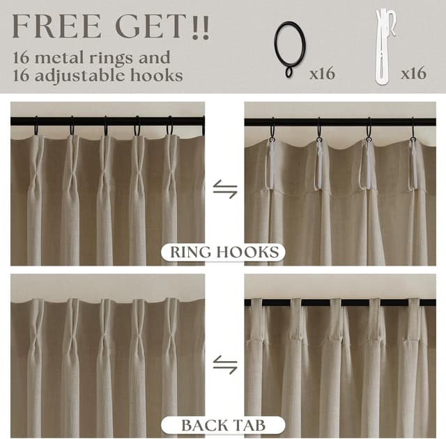 Detalle de Pinch Pleated Linen Curtains 102 Inches Long (2-Panel Set) in Gray Beige Tan Neutral