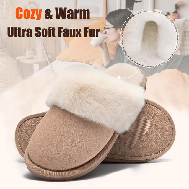 Detalle de Misolin Women’s Memory Foam Fluffy Slip-on Slippers (Faux Suede, Fur Lined) with Anti-Skid Sole