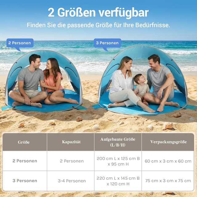 Detalle 2 de WolfWise Pop-Up Strandmuschel für 3–4 Personen (Sofortaufbau) mit UV-Schutz 50+