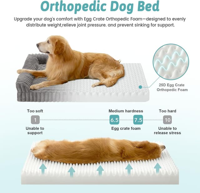 Detalle de COZY KISS Orthopaedic Dog Bed for Extra Large Dogs (120x88x17cm) – Washable Grey U-Shape Sofa with Egg-Crate Foam