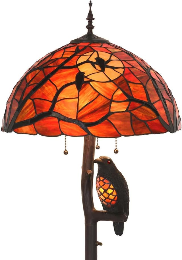 Detalle de Bieye L30936 Ravens Tiffany-style stained glass floor lamp with night light, 65 inches (Black/Red)