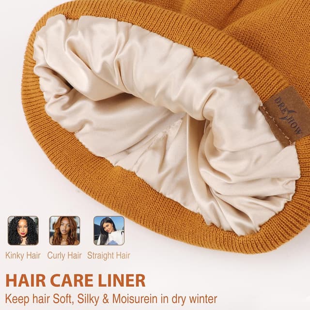 Detalle de DRESHOW Satin Lined Beanie Hat – Unisex knitted skull cap with silky lining