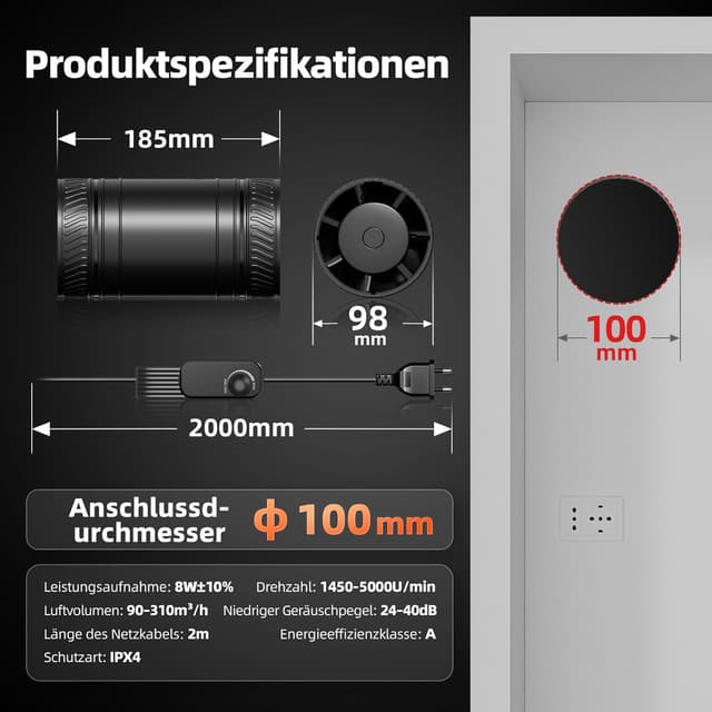 Thumbnail 4 de SBONNI 100 mm Rohrventilator regelbar 🌀