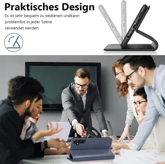 Detalle de Vaki Handyhülle für Samsung Galaxy S24 FE: PU-Leder Wallet Case mit Schutzfolie, Kartenfach & Standfunktion (Blau)