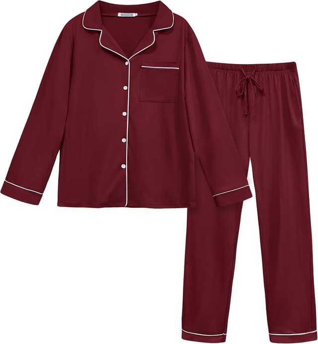 Detalle de Lovasy Women’s Classic Button-Down Pyjamas Set (Long-Sleeve Top & Full-Length Bottoms with Pockets)