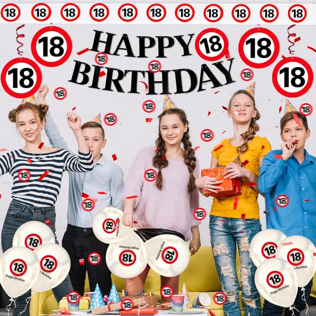 Detalle de WenmthG 18. Geburtstag Deko-Set mit Verkehrszeichen (Banner, Girlande, Ballons, Konfetti & mehr)