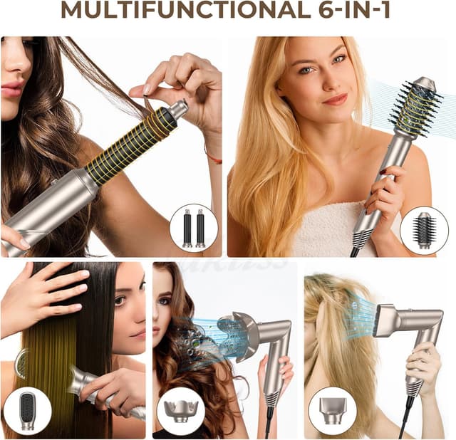 Detalle de Modellatori Capelli Spazzola ad Aria Calda 6 in 1 con Diffusore (platinum-oro)