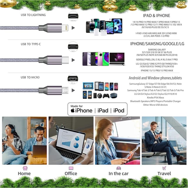 Detalle de Multi Charging Cable (10ft 2-Pack) – 3-in-1 USB Charger Cord for Type-C, Micro USB, and Lightning Devices