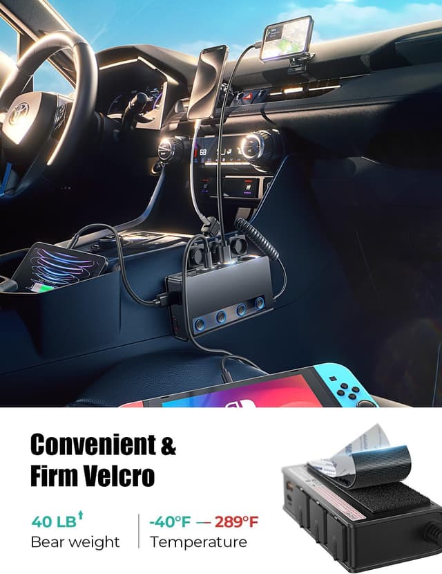 Detalle de LISEN 9 in 1 Car Cigarette Lighter Multi Socket (191W) with USB-C PD 30W and QC 3.0