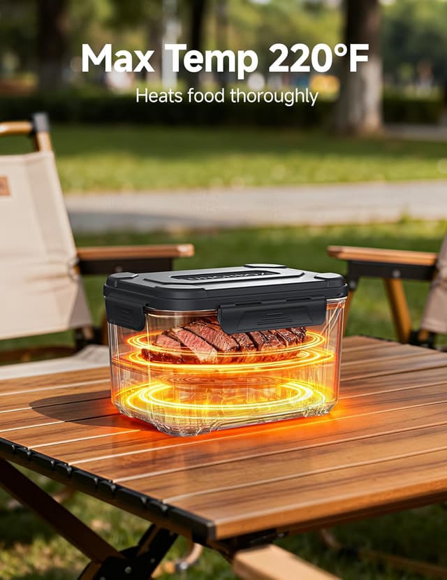 Detalle de EAST OAK Heated Lunch Box for Men (Cordless Electric) — 5.5 Cups, Rechargeable Self-Heating with Memory Function