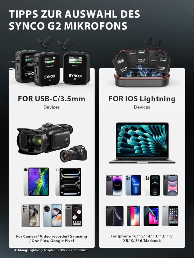 Detalle de SYNCO Wireless Lavalier Mikrofon G2(A2) 2,4 GHz (Dual-Pack) für Vlog, YouTube & Live-Übertragungen