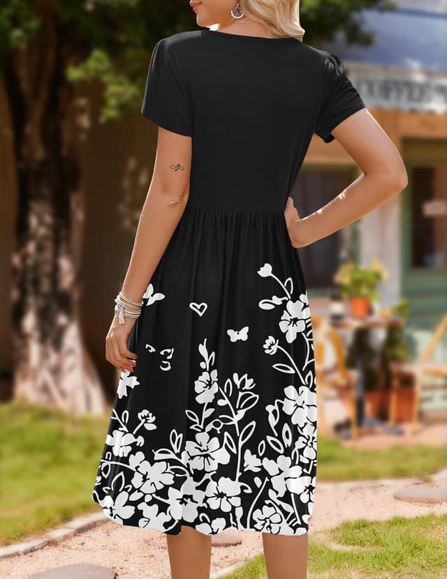 Detalle de ZEAGOO Damen Sommerkleid mit Taschen, A-Linie & Blumendesign – Midikleid mit hoher Taille (S–XXL)