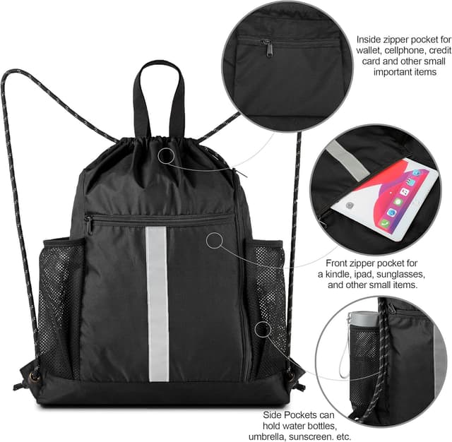 Detalle de BeeGreen Large Drawstring Backpack with Shoe Compartment, Water Bottle Holders and Reflective Strips (Black)