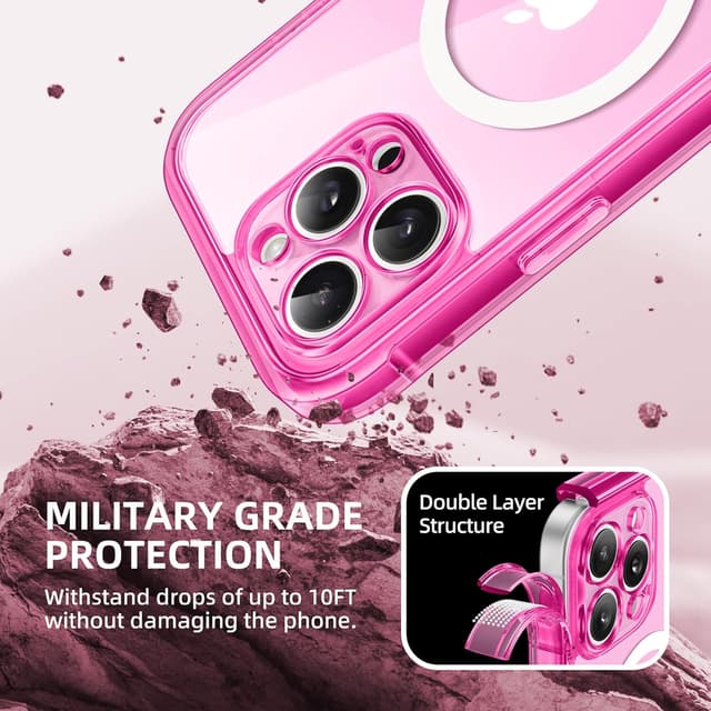 Detalle de BERFY iPhone 16 Pro Max Case with MagSafe + Built-in 9H Tempered Glass Screen Protector (Clear Bright Pink)
