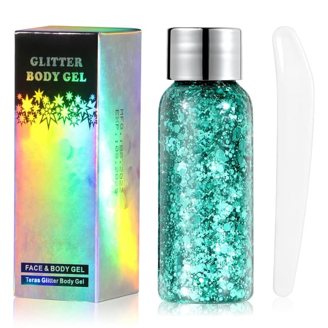 Detalle de URAQT Body Glitter Gel – Chunky Glitzer für Gesicht, Haare, Lippen, Nägel & Körper (Grün)