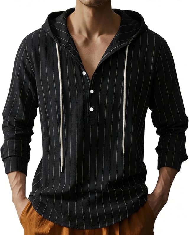 Detalle de TRFIC Men’s Cotton Linen Hooded Long Sleeve Button-Down Shirt for Casual, Beach & Yoga