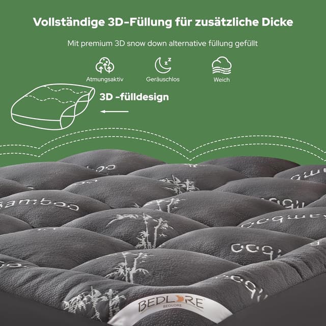 Detalle de BEDLORE Matratzentopper 180x200 cm aus Bambusfaser-Viskose, mit dehnbaren Taschen (40 cm) – Dunkelgrau