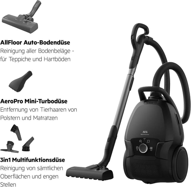 Detalle de AEG Beutelsauger VX9‑5‑EBR mit 69 dB, HEPA‑Filter und Mini‑Turbodüse für Tierhaare