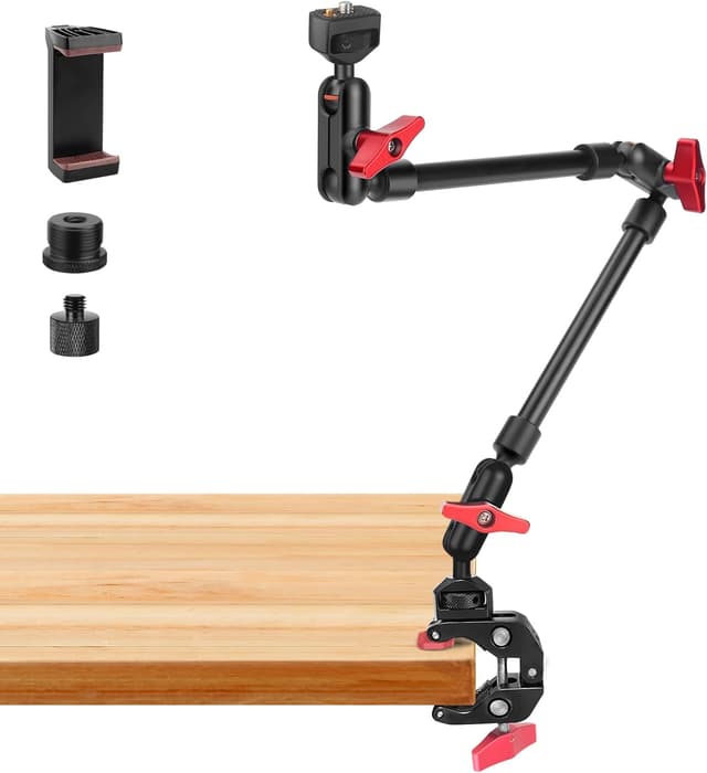Detalle de JEBUTU 56 cm Magic Arm mit Super Clamp, 360° flexibler Tischhalter mit 1/4"-Gewinde – schwarz/rot