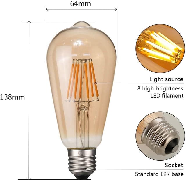 Detalle de NUODIFAN Edison Vintage dimmbar LED-Glühbirne E27, 3er-Set (8 W, 800 lm, warmweiß)