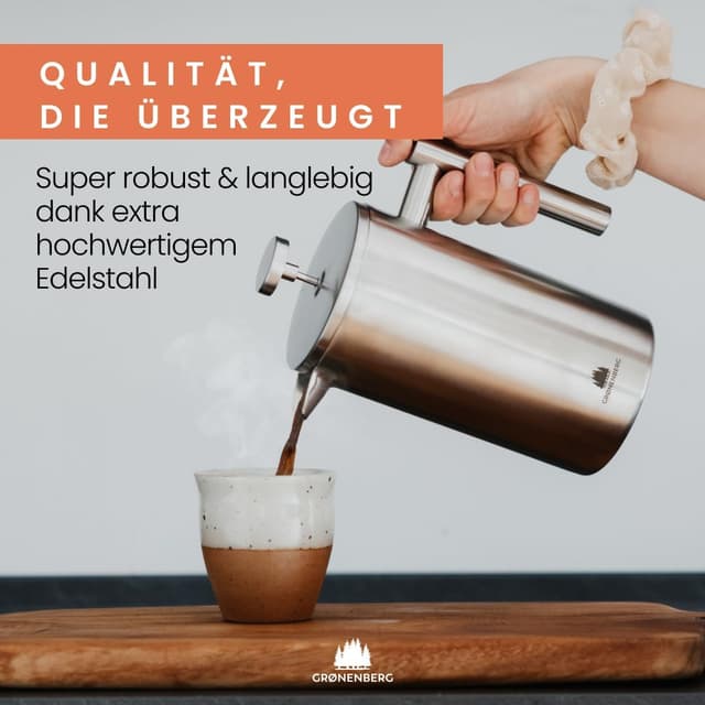 Detalle de Groenenberg French Press Thermo mit Warmhalte-Funktion – Edelstahl-Kaffeebereiter in 3 Größen
