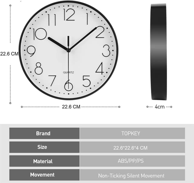 Thumbnail 4 de Topkey 9" Silent Wall Clock 9 in