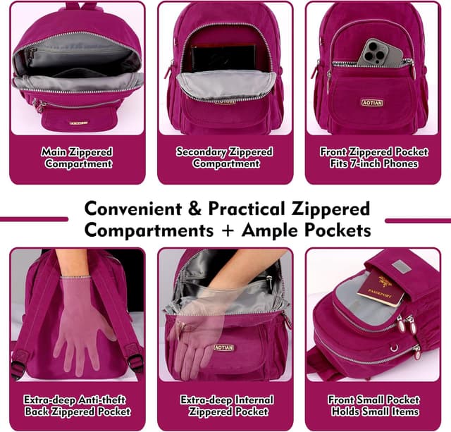 Detalle de AOTIAN Mini-Rucksack für Mädchen und Damen mit 7 Litern – leichter Daypack in Nylon/Polyester