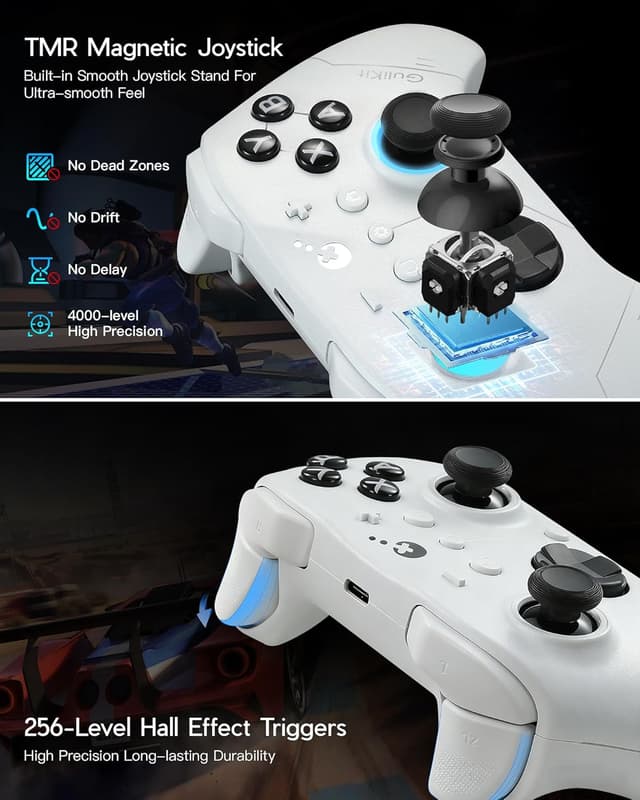 Detalle de GuliKit ES PRO Wireless Controller (PC, Windows, Android, iOS, Switch 1/2) mit 3,25 ms Latenz und TMR-Sticks – Weiß